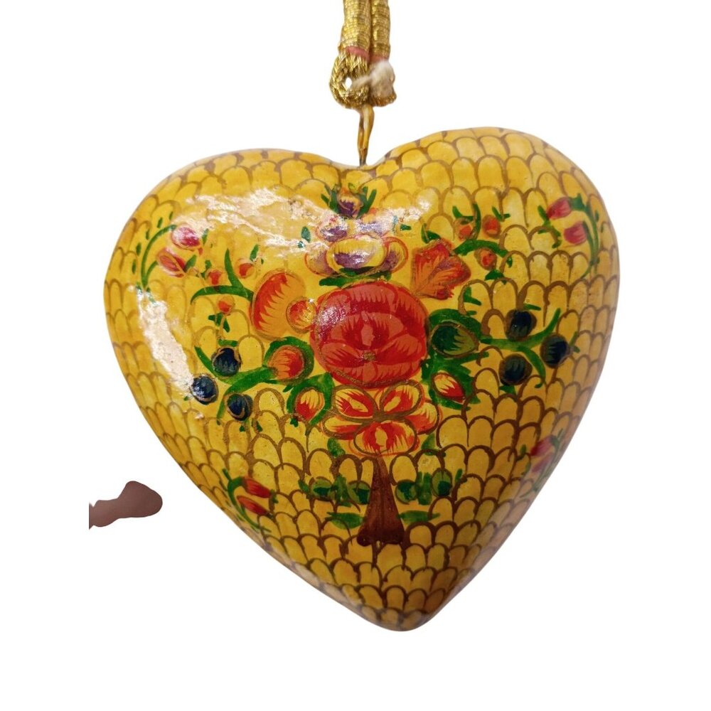 Hand-Painted Floral Yellow Heart Ornament‎ With Golden Hanging Cord